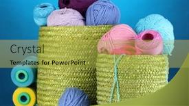 Presentation with yarn - Amazing slides having colorful yarn for knitting in green basket on blue background backdrop and a yellow colored foreground