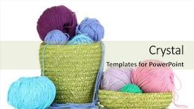  Presentation with yarn - PPT layouts with colorful yarn for knitting in green basket isolated on white background and a yellow colored foreground