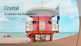  Presentation with miami beach - Amazing slide deck having colorfull lifegard post in miami backdrop and a sky blue colored foreground