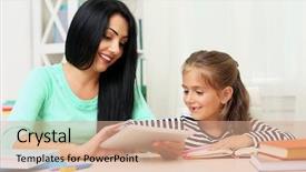  Presentation with homework - Beautiful PPT theme featuring coloring book - beautiful school girl doing homework backdrop and a coral colored foreground