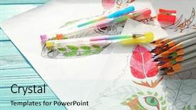  Presentation with pens and pencils - Presentation design consisting of coloring book - colouring pictures pencils and pens background and a  colored foreground