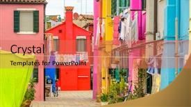  Presentation with venice - Audience pleasing presentation design consisting of colour blocking - colorful apartment building in burano backdrop and a coral colored foreground