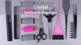  Presentation with tools - Amazing PPT theme having colour brush - professional hairdresser tools on gray backdrop and a gray colored foreground