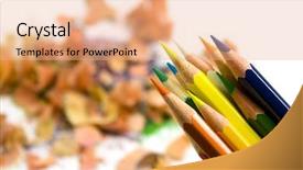  Presentation with coloured - Theme having coloured pensils over sawdust background background and a coral colored foreground