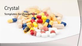  Presentation with coloured - PPT theme consisting of pharmacy lot colorful medication - coloured pills against a white background and a lemonade colored foreground