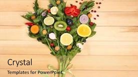  Presentation with cute vegetables - Theme with cute colourful bouquet of sliced vegetables on wooden background background and a lemonade colored foreground
