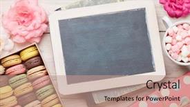  Presentation with text box - Cool new slide deck with colourful chalkboard - colorful macaroons and blackboard sweet backdrop and a coral colored foreground