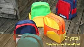  Presentation with school backpacks - Slides featuring colourful-children-schoolbags-on-wooden background and a coral colored foreground