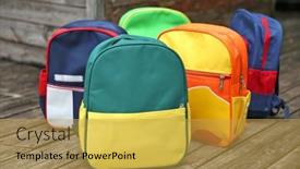  Presentation with school backpacks - Presentation design having colourful-children-schoolbags-on-wooden background and a yellow colored foreground