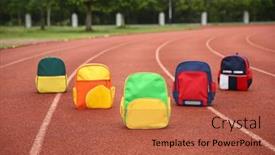  Presentation with playground - PPT theme having colourful-children-schoolbags-outdoors background and a red colored foreground