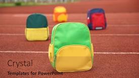  Presentation with playground - Slide set with colourful-children-schoolbags-outdoors background and a red colored foreground