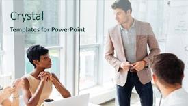  Presentation with meeting - Slide set with colourful multicultural figures - businesspeople having a meeting background and a sky blue colored foreground