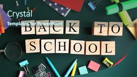  Presentation with words back to school - Presentation design consisting of colourful stationery and words back to school on chalkboard background and a tawny brown colored foreground