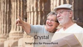 Presentation with brochure - Audience pleasing theme consisting of columns - happy senior adult couple tourists backdrop and a coral colored foreground