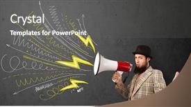  Presentation with famel leader - Theme enhanced with comando de voz - leader guy shouting into megaphone background and a  colored foreground