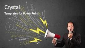  Presentation with paper hand drawn politics - Colorful slide deck enhanced with comando de voz - leader guy shouting into megaphone backdrop and a  colored foreground