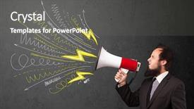  Presentation with famel leader - PPT theme featuring comando de voz - leader guy shouting into megaphone background and a  colored foreground