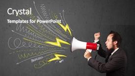  Presentation with leader and communicate - Amazing PPT theme having comando de voz - leader guy shouting into megaphone backdrop and a  colored foreground