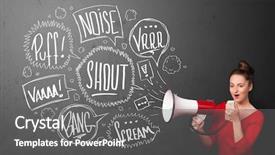  Presentation with bubbles feedback survey words speech - Amazing slides having comando de voz - pretty girl yelling into megaphone backdrop and a gray colored foreground