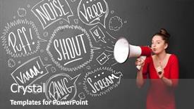  Presentation with bubbles feedback survey words speech - Beautiful PPT theme featuring comando de voz - pretty girl yelling into megaphone backdrop and a  colored foreground