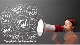  Presentation with bubbles feedback survey words speech - PPT layouts enhanced with comando de voz - pretty girl yelling into megaphone background and a  colored foreground
