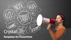  Presentation with bubbles feedback survey words speech - Presentation consisting of comando de voz - pretty girl yelling into megaphone background and a  colored foreground