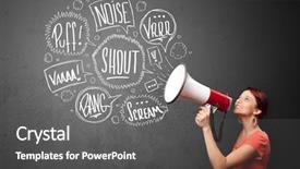  Presentation with bubbles feedback survey words speech - PPT theme with comando de voz - pretty girl yelling into megaphone background and a dark gray colored foreground