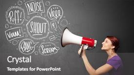  Presentation with bubbles feedback survey words speech - Audience pleasing PPT theme consisting of comando de voz - pretty girl yelling into megaphone backdrop and a gray colored foreground