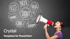  Presentation with bubbles feedback survey words speech - PPT theme featuring comando de voz - pretty girl yelling into megaphone background and a  colored foreground