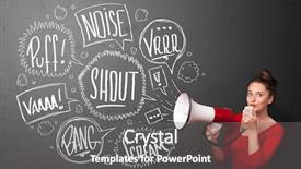  Presentation with pretty girl - Amazing PPT theme having comando de voz - pretty girl yelling into megaphone backdrop and a  colored foreground