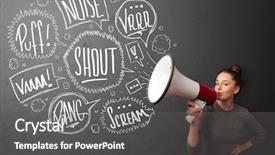  Presentation with pretty girl - Slide deck with comando de voz - pretty girl yelling into megaphone background and a  colored foreground