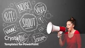  Presentation with bubbles feedback survey words speech - Amazing slide deck having comando de voz - pretty girl yelling into megaphone backdrop and a gray colored foreground