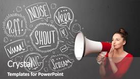 Presentation with pretty girl - Amazing presentation design having comando de voz - pretty girl yelling into megaphone backdrop and a  colored foreground