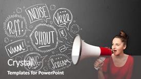  Presentation with bubbles feedback survey words speech - PPT theme having comando de voz - pretty girl yelling into megaphone background and a  colored foreground