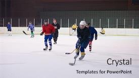  Presentation with ice hockey - Colorful presentation design enhanced with comaps - ice hockey sport players backdrop and a light gray colored foreground