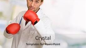  Presentation with rubber gloves doctor puts - Audience pleasing presentation design consisting of combat medicine - young doctor wearing boxing gloves backdrop and a light gray colored foreground