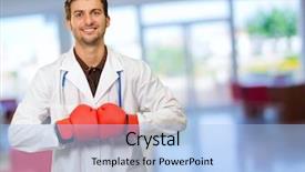 Presentation with rubber gloves doctor puts - Audience pleasing theme consisting of combat medicine - young doctor wearing boxing gloves backdrop and a light blue colored foreground