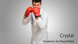  Presentation with rubber gloves doctor puts - Colorful slide set enhanced with fitness equipment healthy food apple dumbbells and measuring tape on wooden background view from above backdrop and a lemonade colored foreground