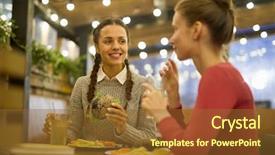  Presentation with mini project for eco friendly food packagin - Presentation theme with combo - friendly girls in casualwear sitting background and a tawny brown colored foreground