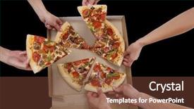  Presentation with pizza - PPT theme having combo - group of people taking slices background and a tawny brown colored foreground