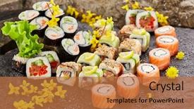  Presentation with sushi - Amazing slide deck having combo - japanese sushi set - various backdrop and a coral colored foreground