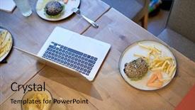  Presentation with food potato spicy chips crisps snacks - Presentation enhanced with combo - overview of cheeseburger potato chips background and a coral colored foreground