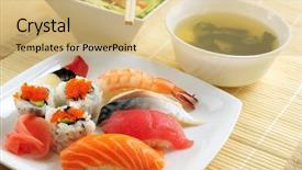  Presentation with soup appetizer and salad - Beautiful slides featuring combo - sushi lunch with miso soup backdrop and a yellow colored foreground