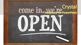  Presentation with invitation - Slides with come in we are open - invitation on a vintage slate blackboard background and a tawny brown colored foreground