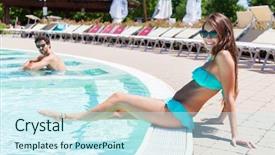  Presentation with water woman swimming underwater - Slide deck featuring come swim - beautiful woman near the swimming background and a cool aqua colored foreground