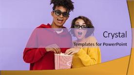  Presentation with popcorn movie - Cool new presentation theme with comedy - cheerful multhiethnic teenage couple standing backdrop and a light blue colored foreground
