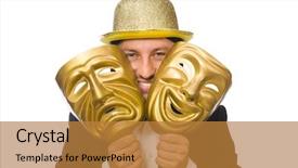  Presentation with theater - Slides consisting of comedy - man with theater mask isolated background and a gold colored foreground