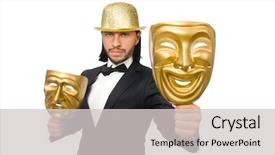  Presentation with theater black and white - Cool new presentation theme with comedy tragedy - man with theater mask isolated backdrop and a light gray colored foreground