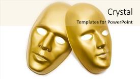  Presentation with masks - Audience pleasing slide deck consisting of comedy tragedy - shiny masks isolated on white backdrop and a  colored foreground