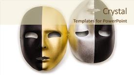  Presentation with masks - Slides having comedy tragedy - shiny masks isolated on white background and a  colored foreground